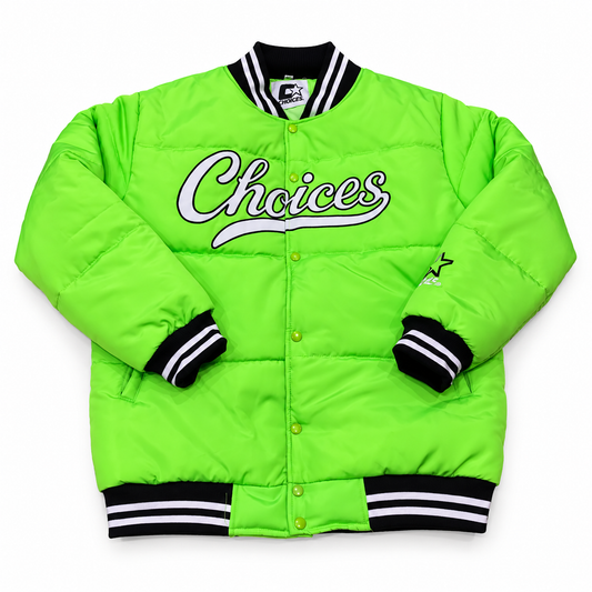 Neon Green Choices Started Jacket, full front view on white background