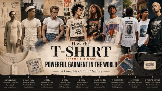 Graphic T-shirt history collage showing cotton tees, music, sports, politics, and streetwear