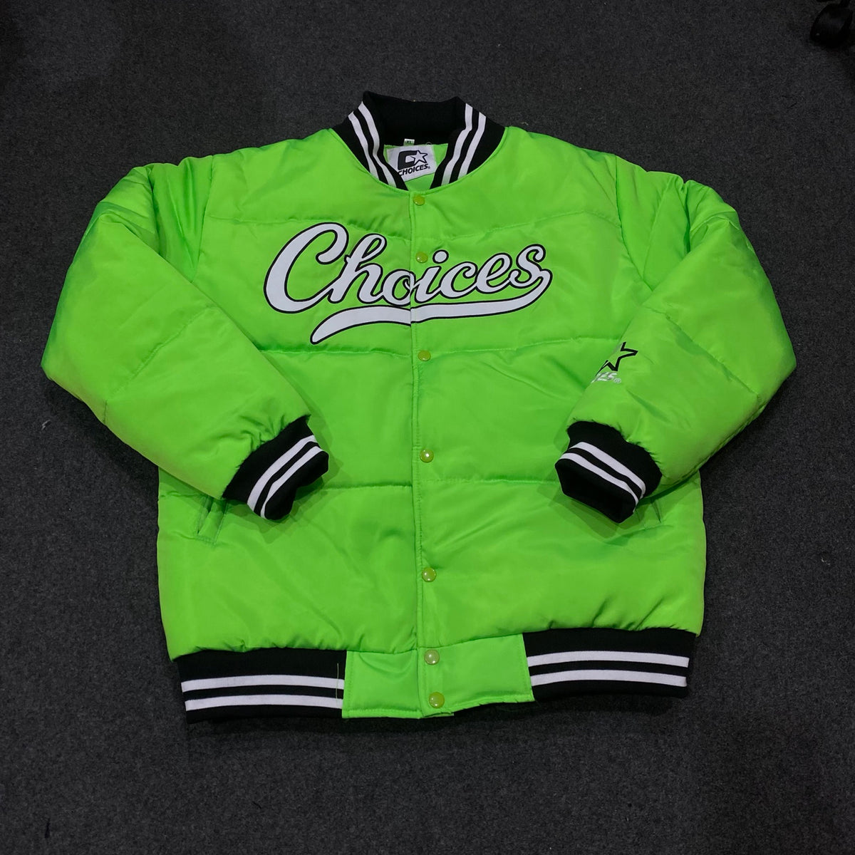 Choices Started Jacket in neon green, front view