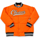 Orange Choices Started Jacket, full front view on white background