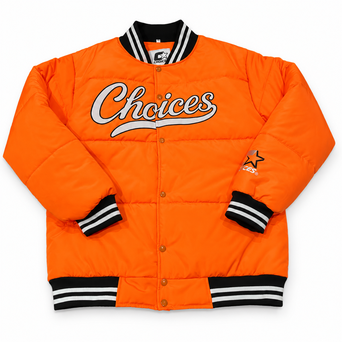 Orange Choices Started Jacket, full front view on white background