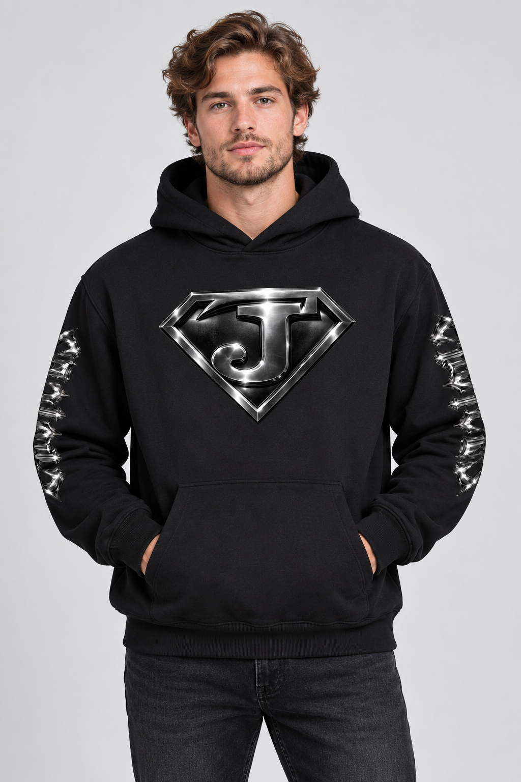 Model wearing the front of the black Superman Jesus hoodie.
