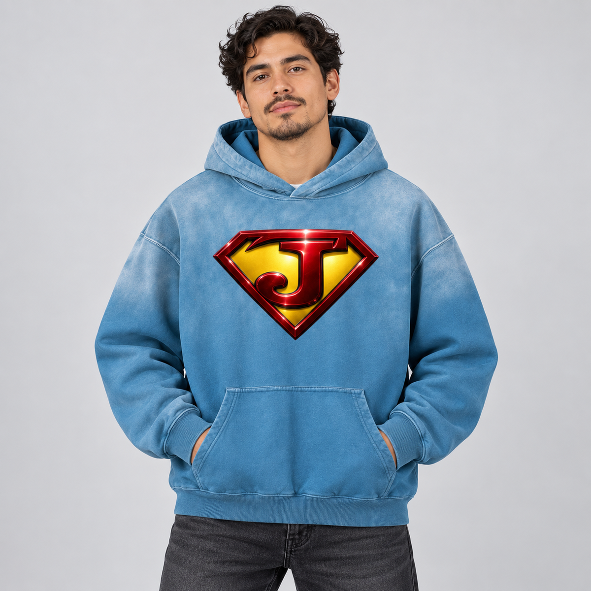 Model wearing the front of the washed blue Superman Jesus hoodie.